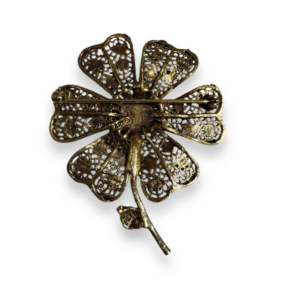 Vintage Art Deco Style Filigree Floral Brooch With White Acrylic Center & Enamel - Picture 4 of 8